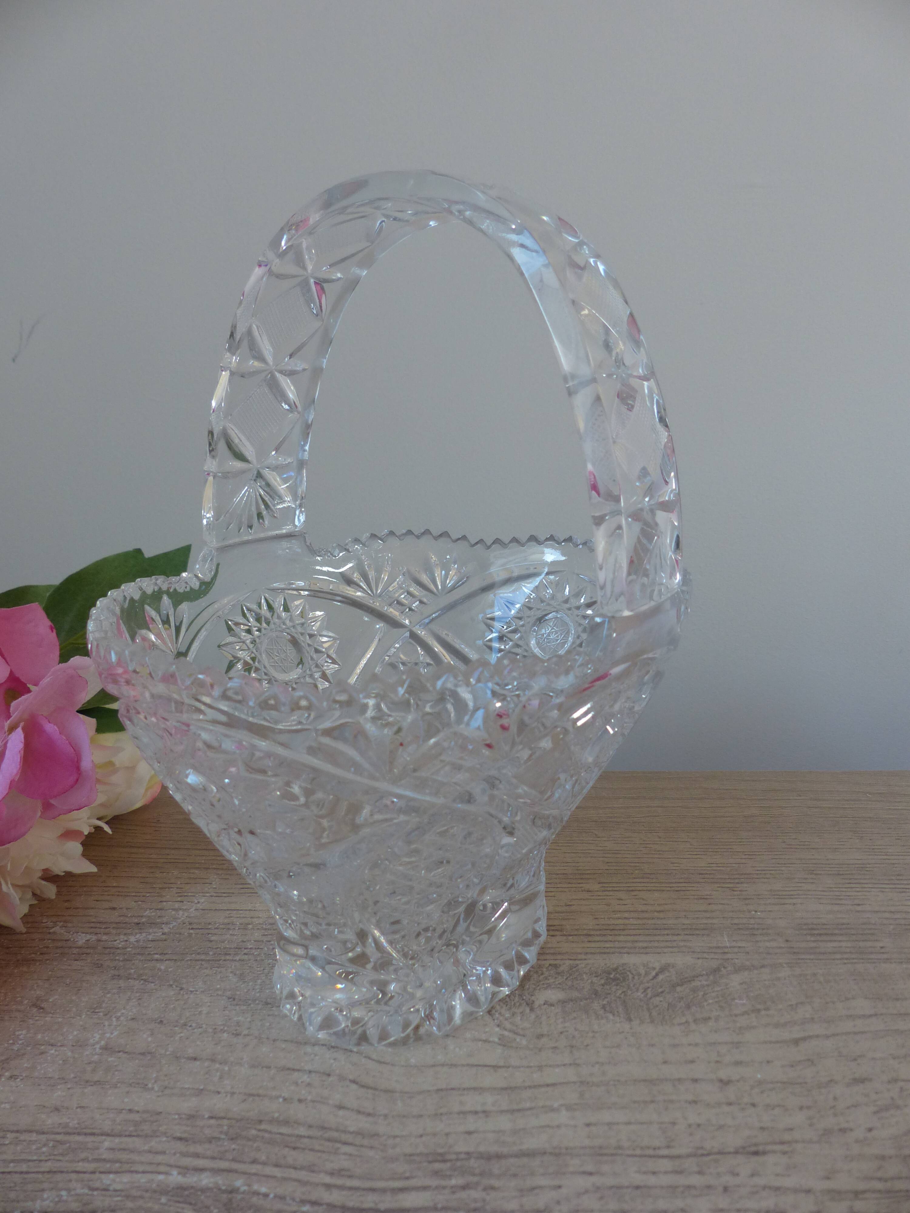 Vintage 1970s crystal basket – oval bowl with handle