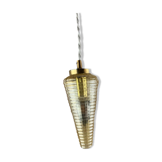 Lampe baladeuse ou suspension tulipe vintage en verre ambré et cabochon laiton