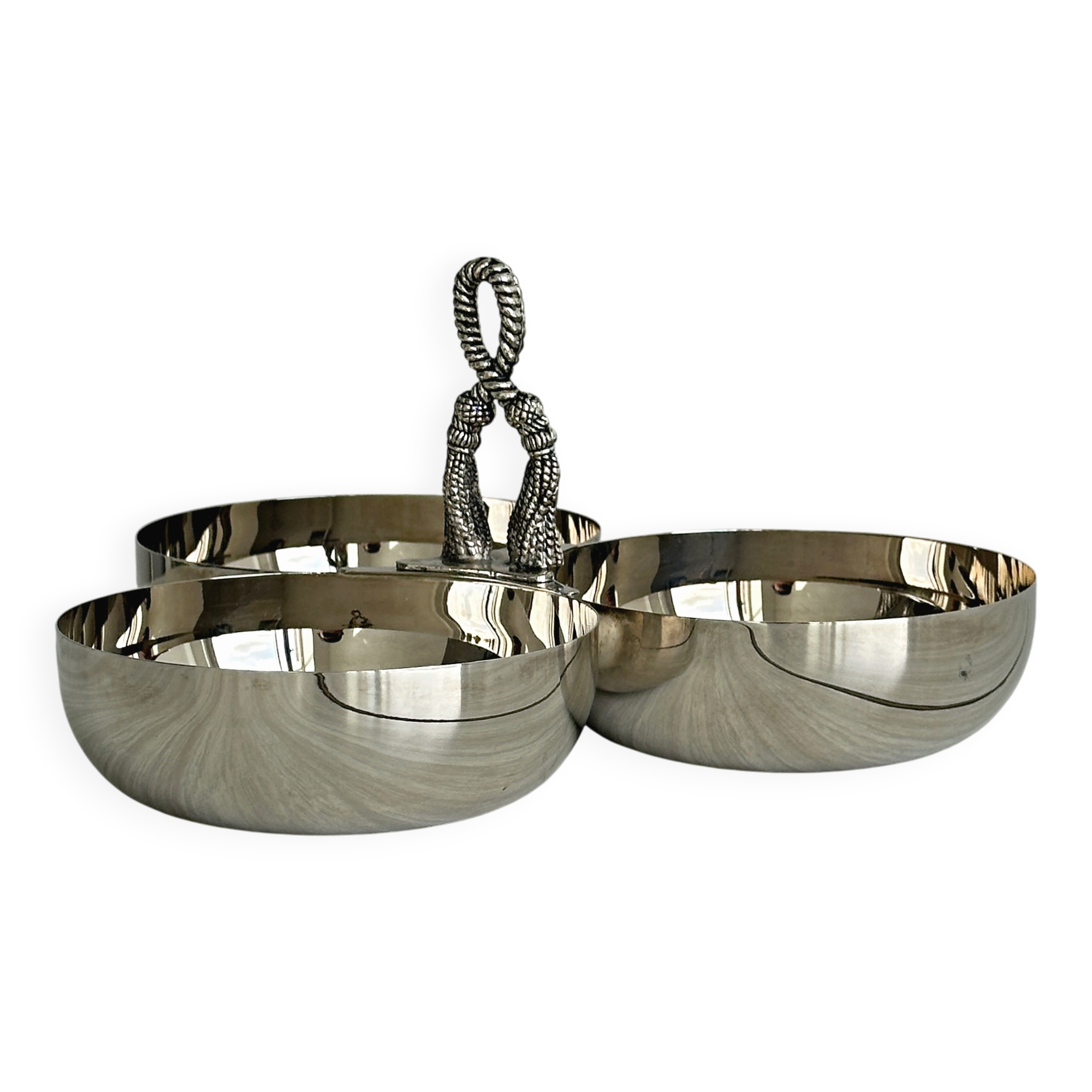 Silver stainless steel three-part serving platter