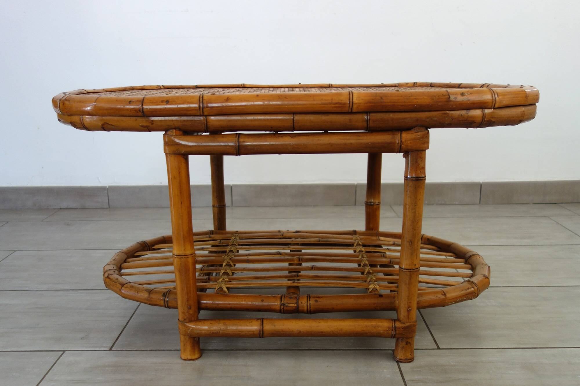 Vintage bamboo and woven wicker coffee table