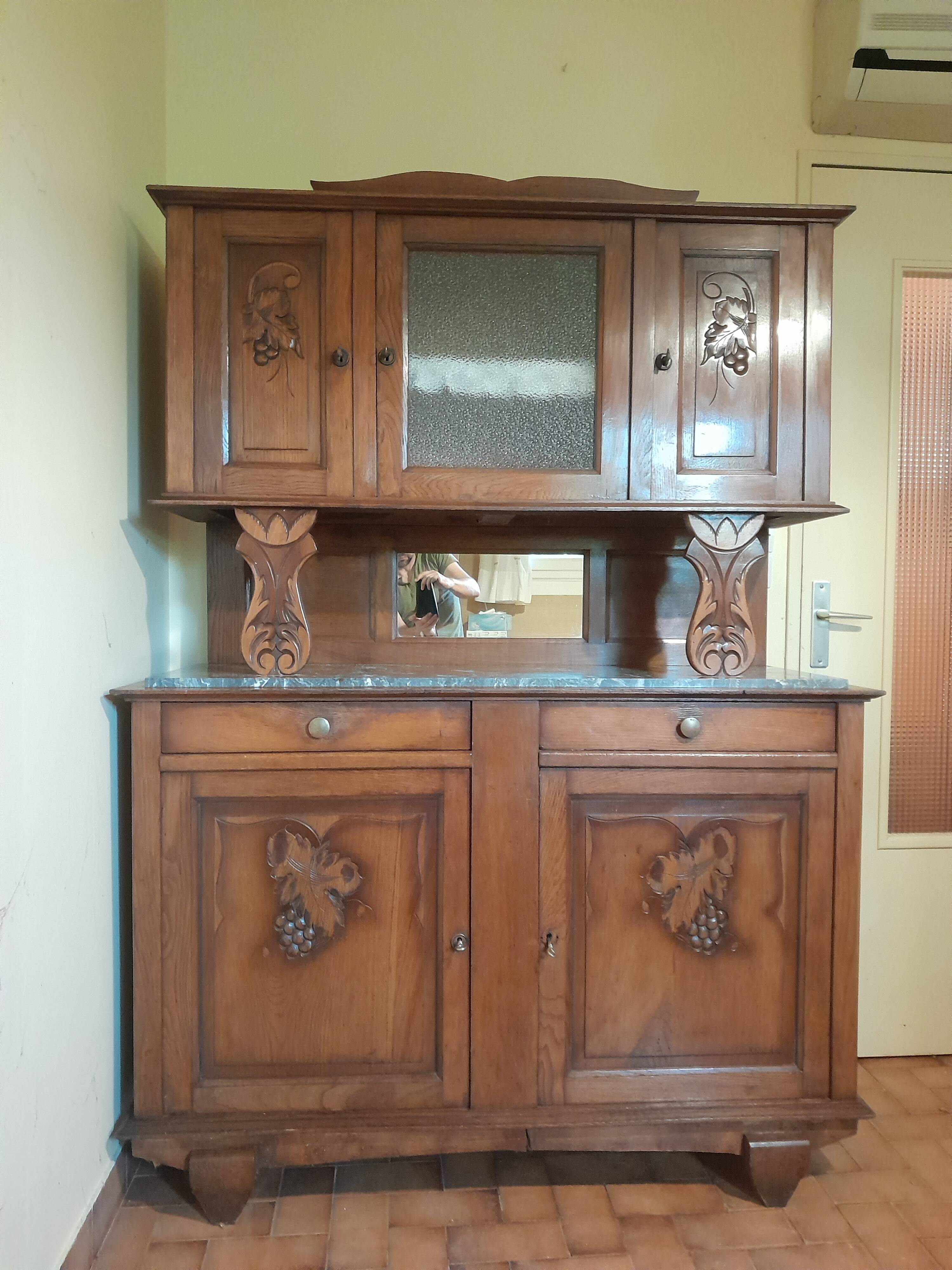 Antique two-body buffet in carved wood - marble top - very good condition