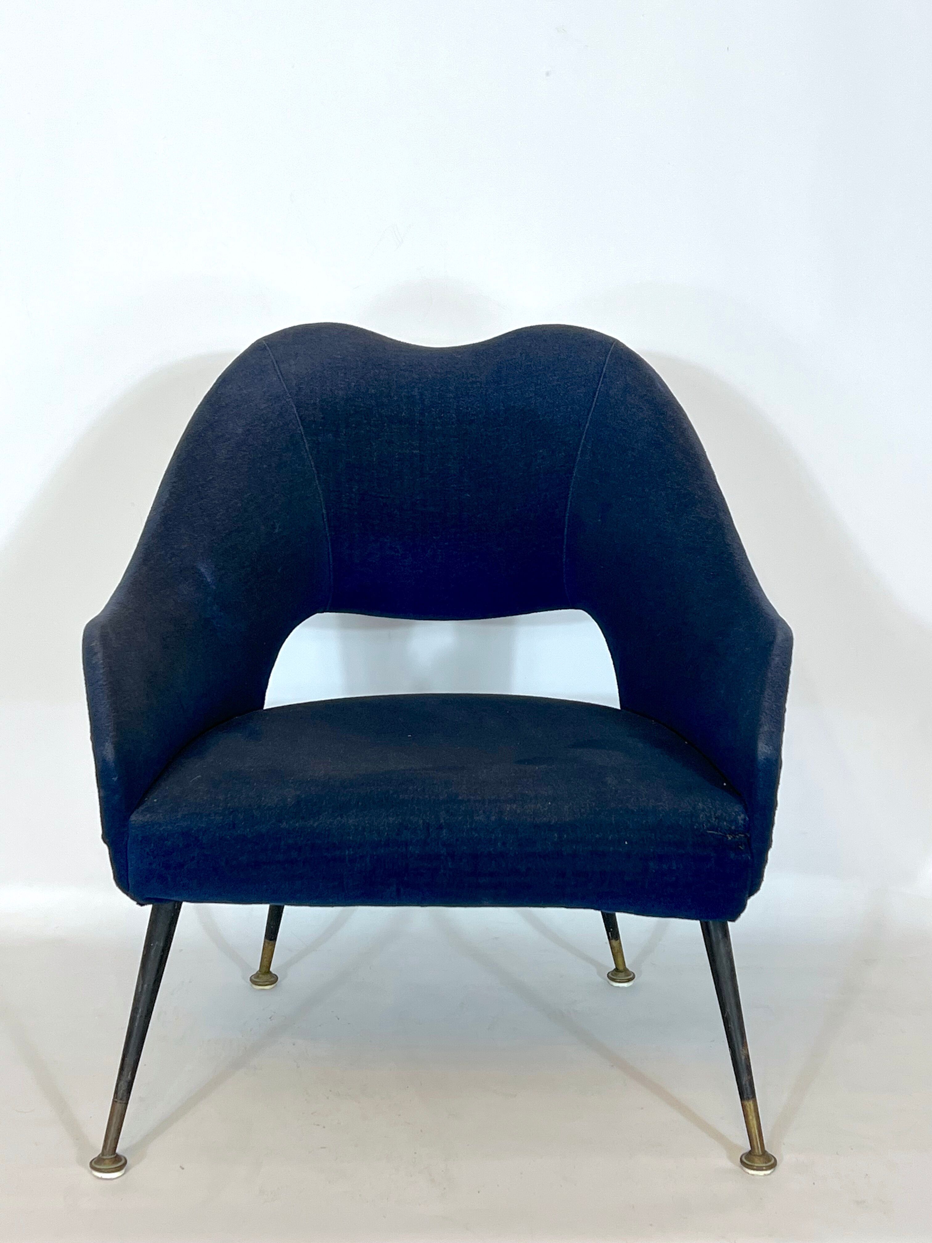 Vintage Italian blue fabric and brass armchair from 50s