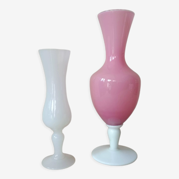 Vintage blown opaline vase duo