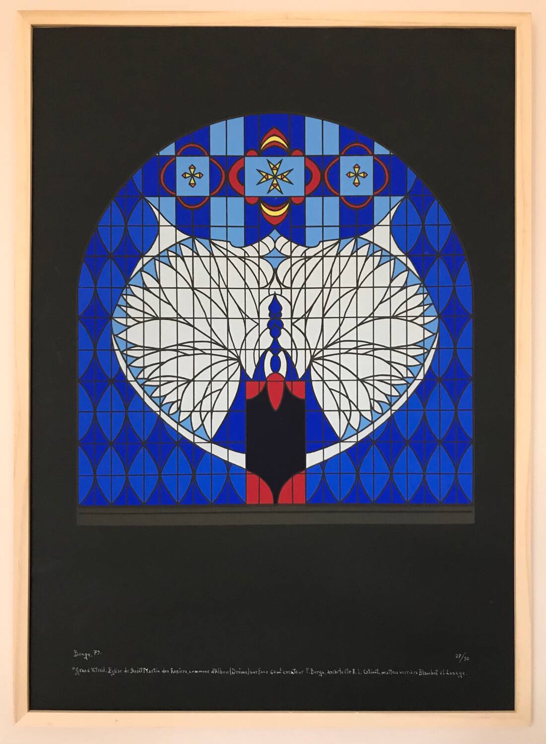 Original lithograph by franco borga. stained glass window, st-martin-des-rosiers