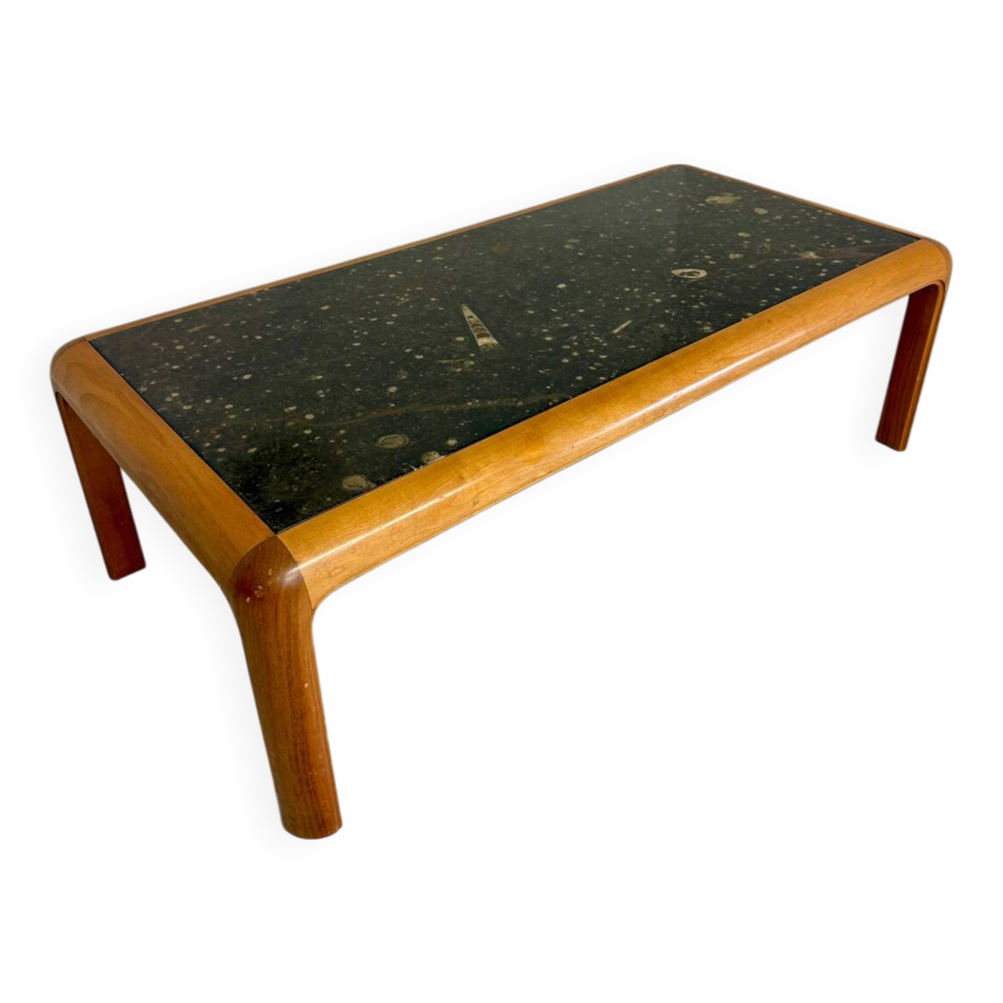 Ancienne table basse en bois et pierre fossil design Heinz Lilienthal 1980