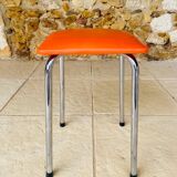 Tabouret vintage skaï orange et pieds chrome circa 70s