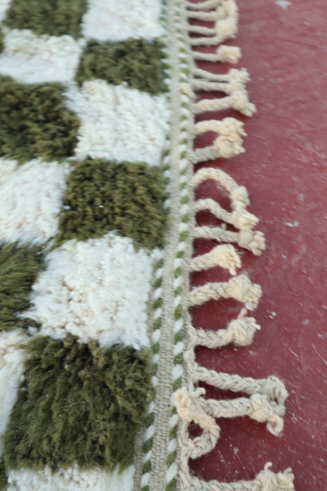 Beni Ouarain rug in Khaki Green and Cream Checkerboard, Handmade, 250x150cm