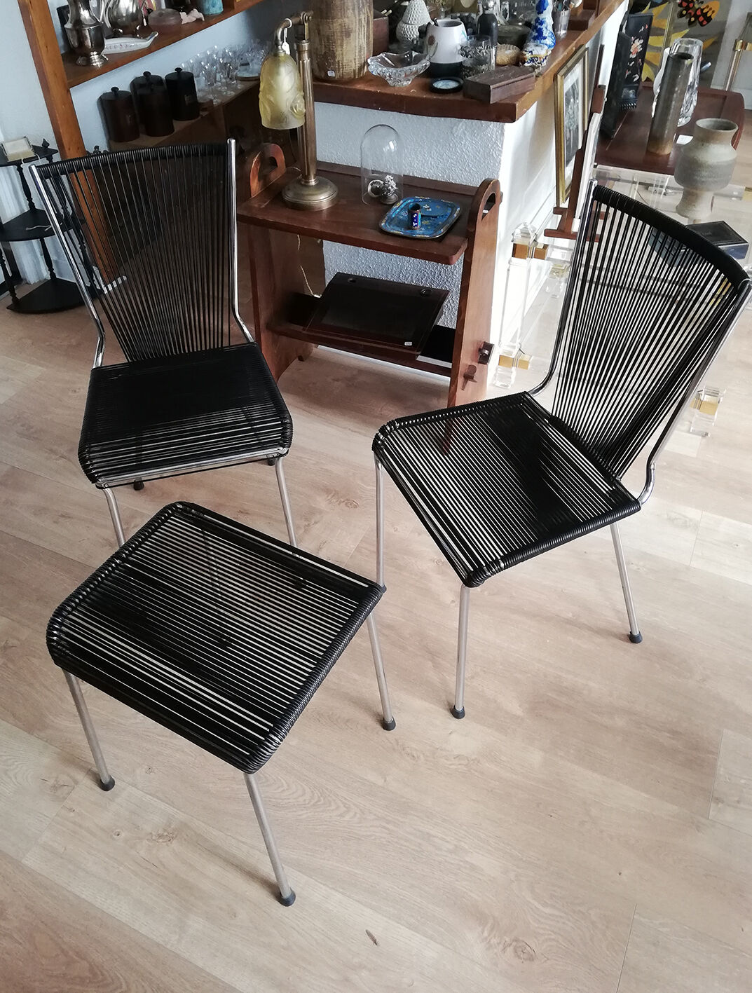 Suite of 6 Chairs and 1 Scoubidou stool André MONPOIX 1960