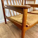 Pair of wooden and straw armchairs