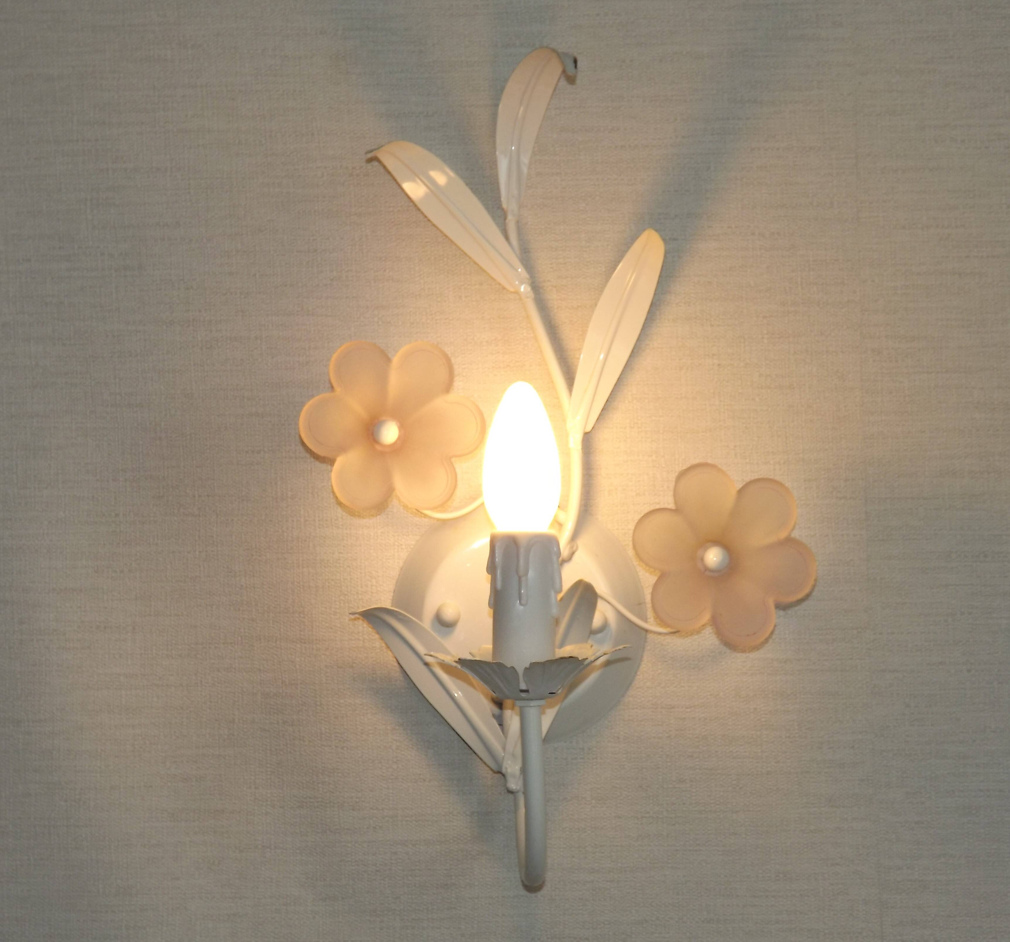 French vintage white metal double wall light with pink glass flowers 5438.
