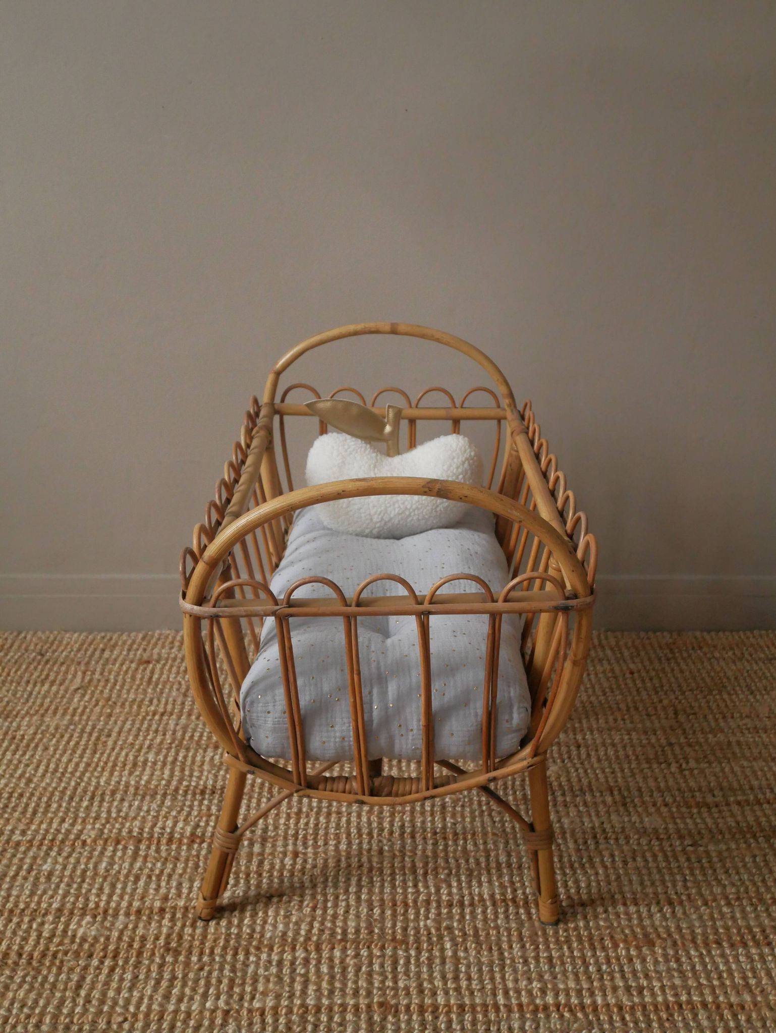 Wicker rattan cradle vintage Scandinavian design retro old toy doll bed