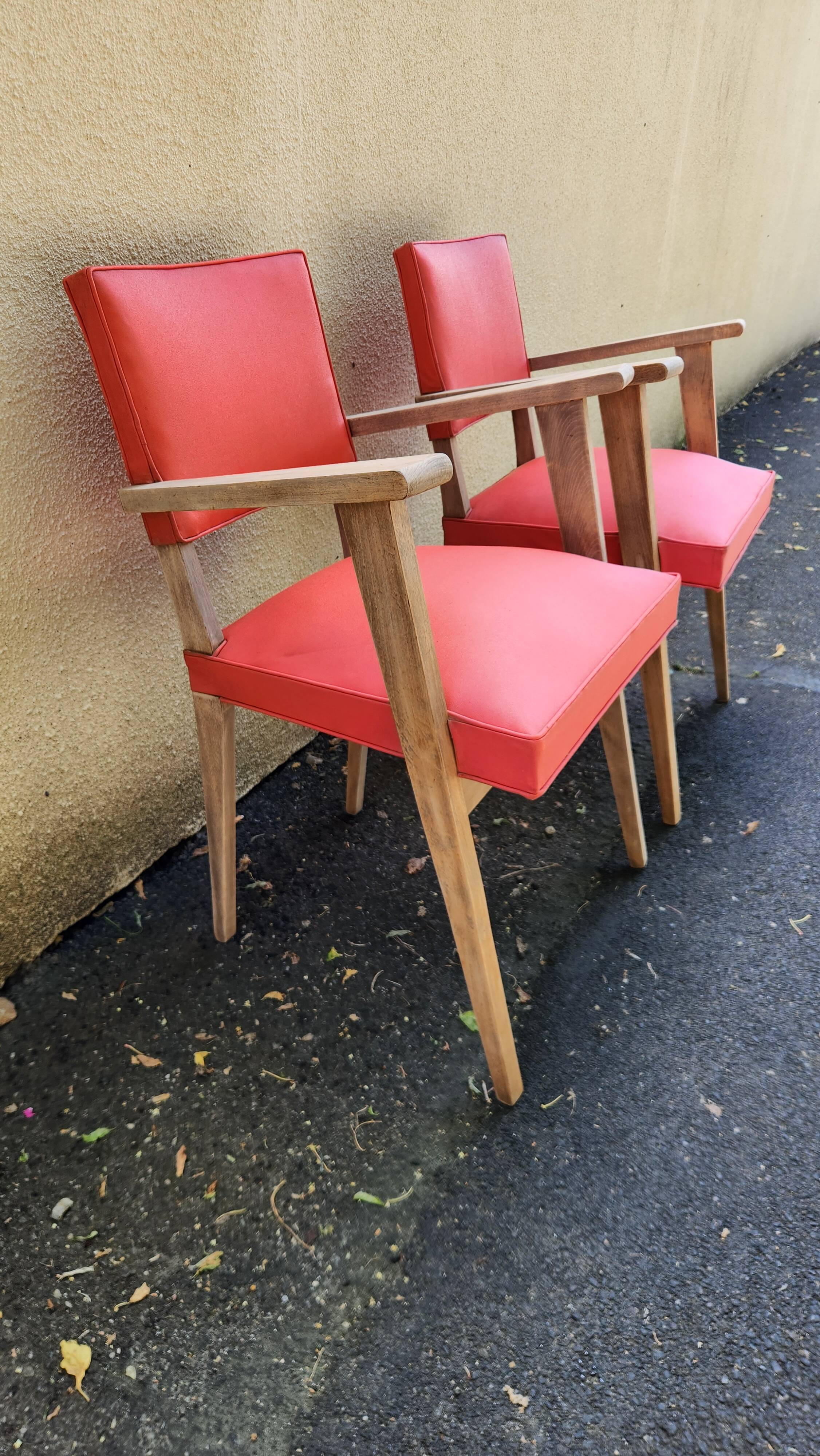 Pair of Vintage Bridge Armchairs Red & Wood 1950s