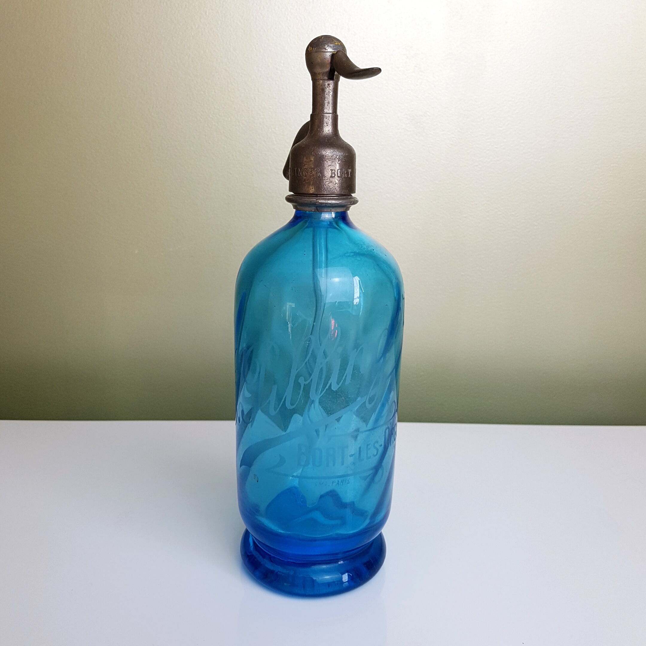 Siphon ancien eau de Seltz en verre Bleu