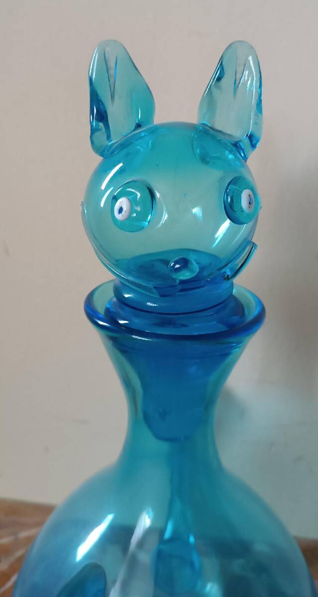 Vintage glass carafe from the 1960s, Empoli glassware, in the shape of a cat.