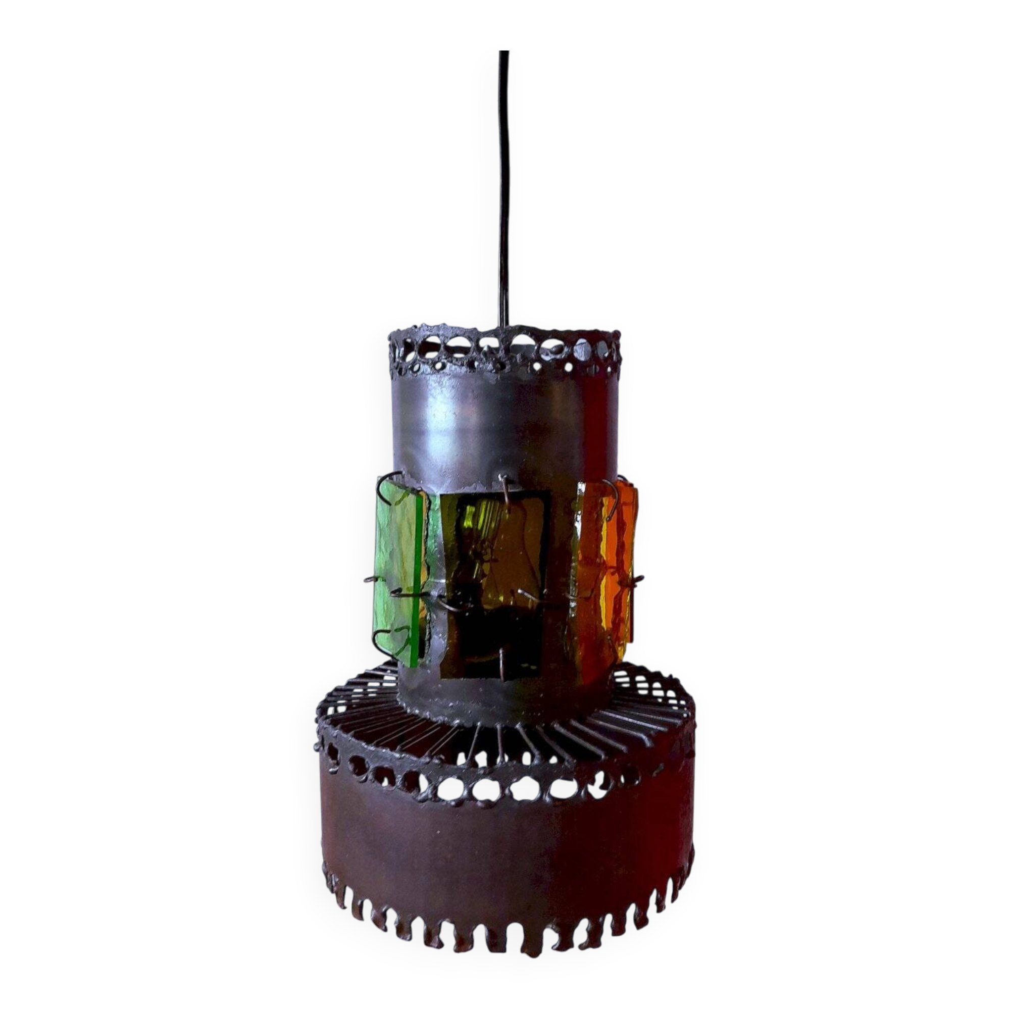 Brutalist suspension light 1960 industrial metal/glass