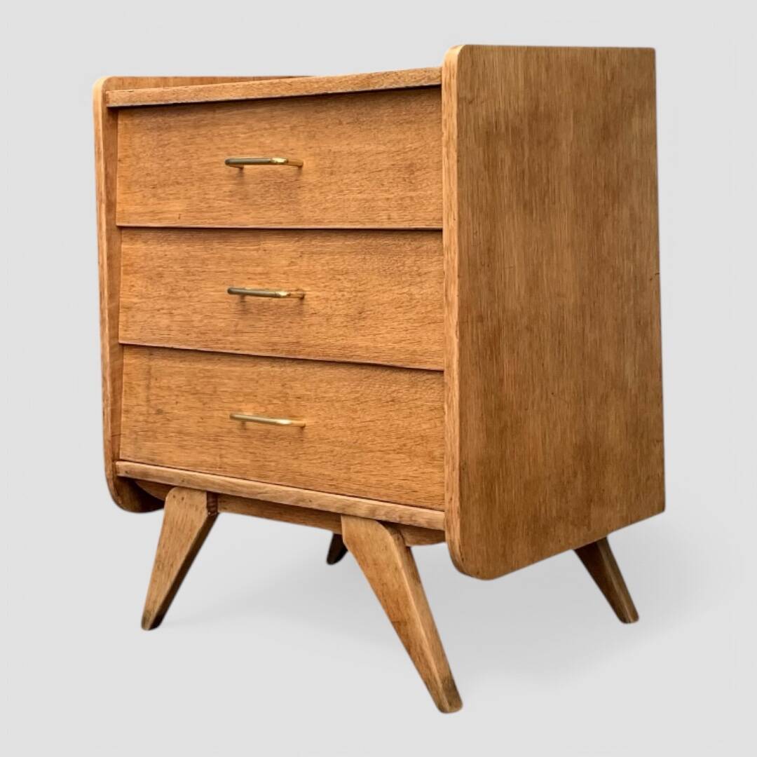 Vintage chest of drawers with compass feet, raw oak, 1960