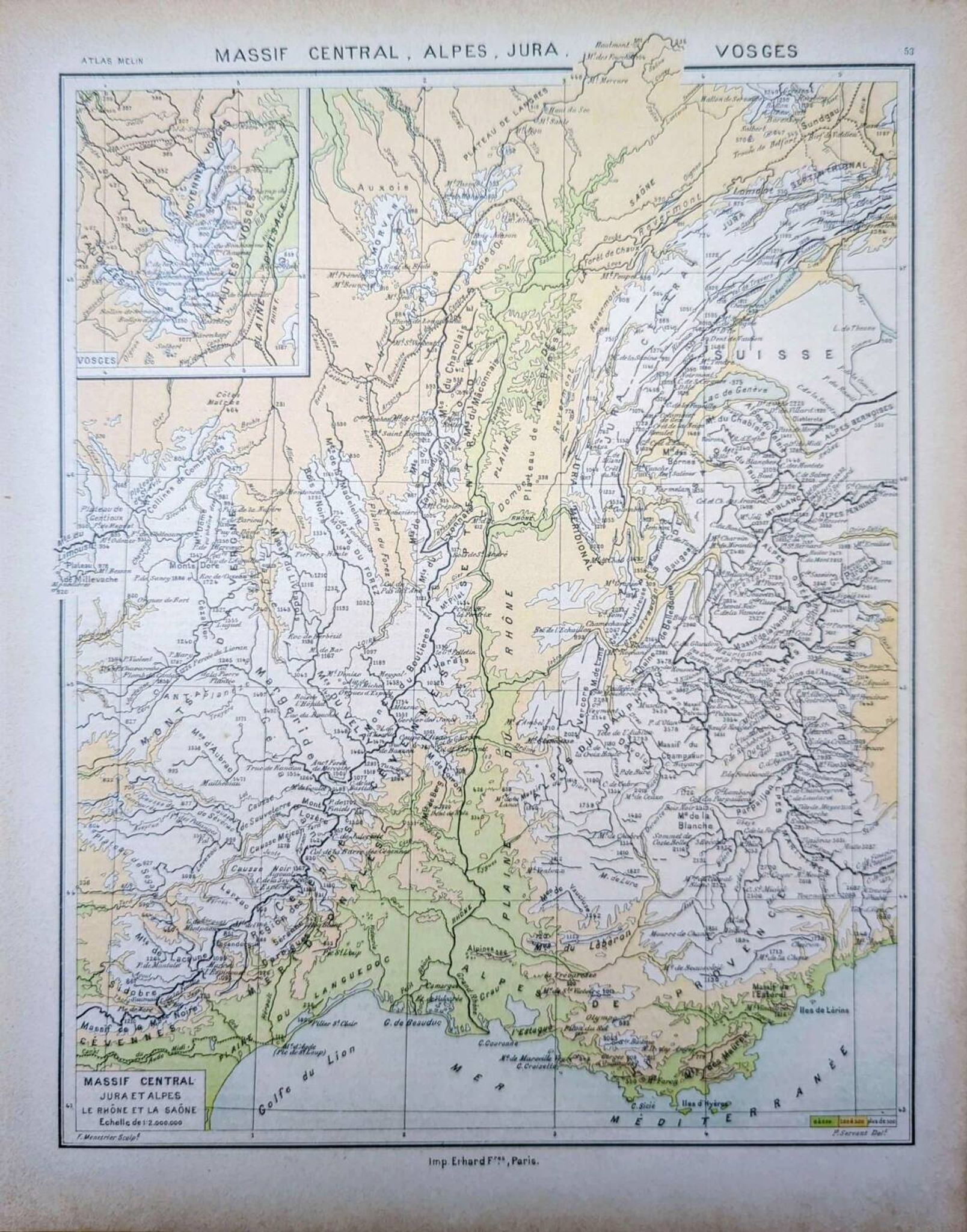 Map of the mountain ranges of France, original printed in 1896