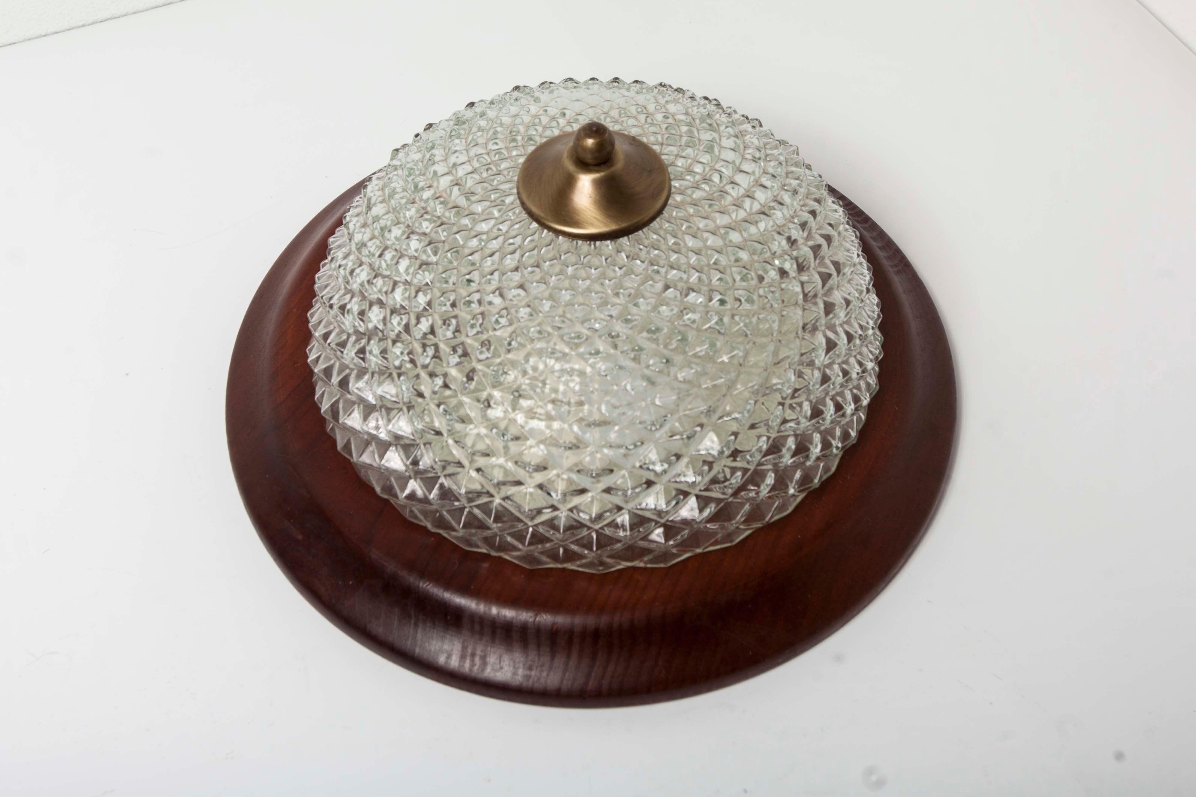 Ceiling light in glass, wood massif and brass of the 1960s