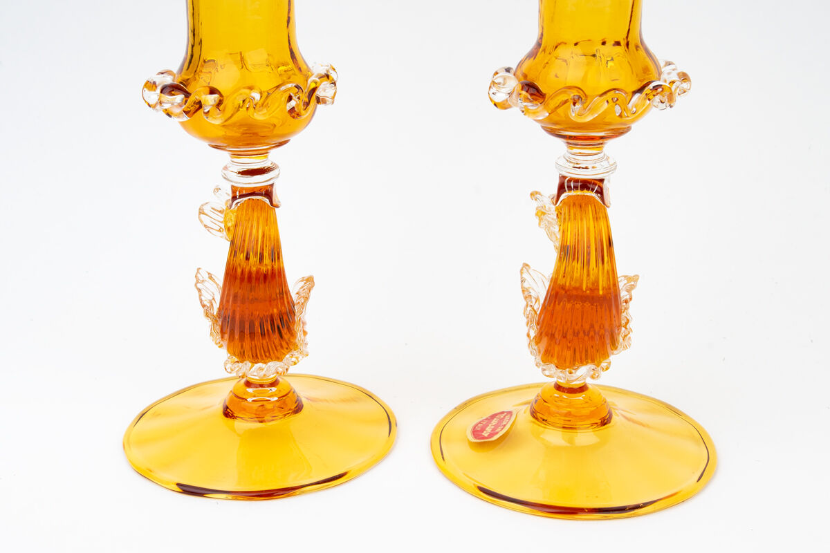 Pair of Hand Blown Salviati Venetian Dolphin Figural Candleholders