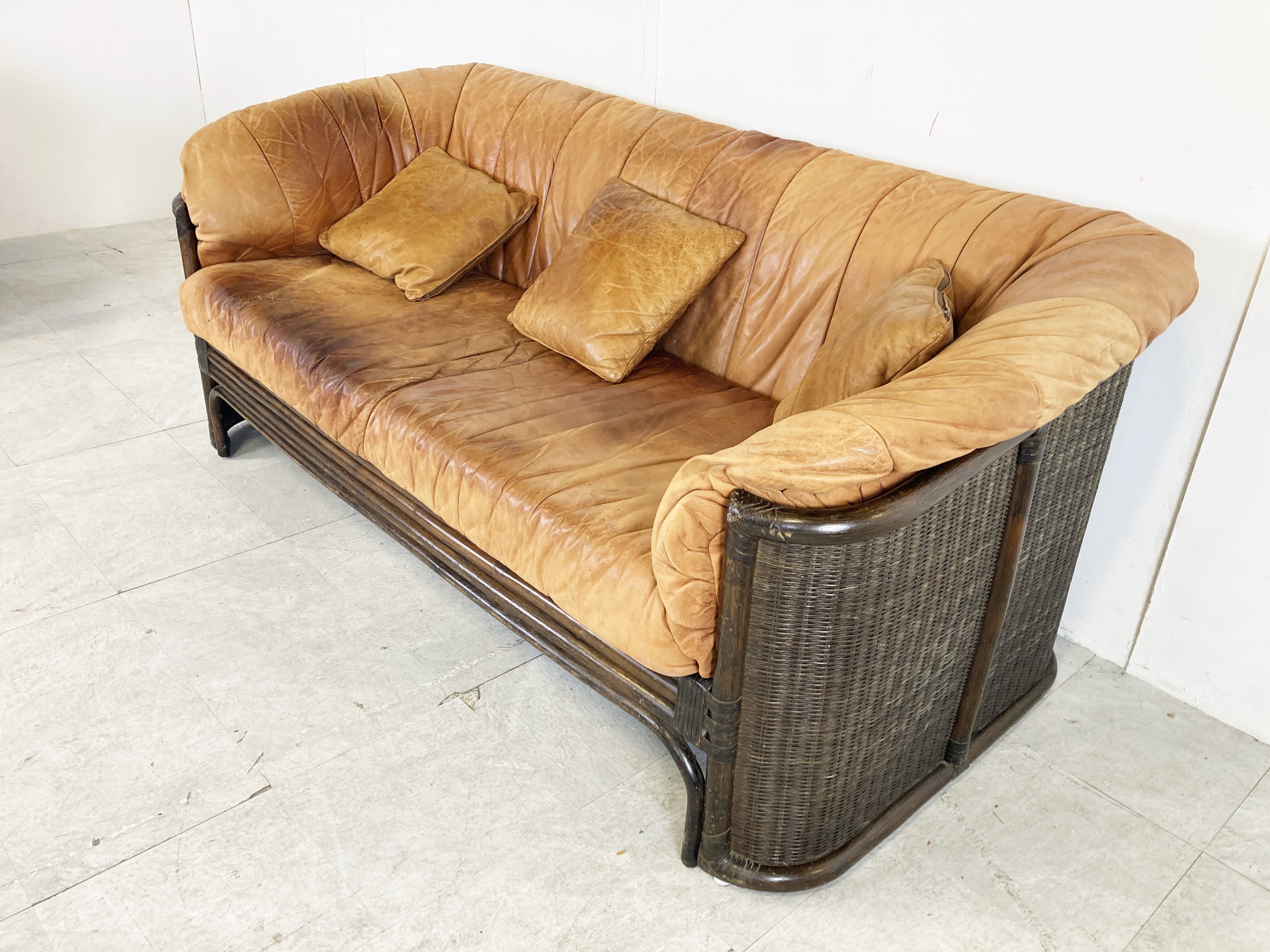 Vintage wicker and leather sofa set 1960s