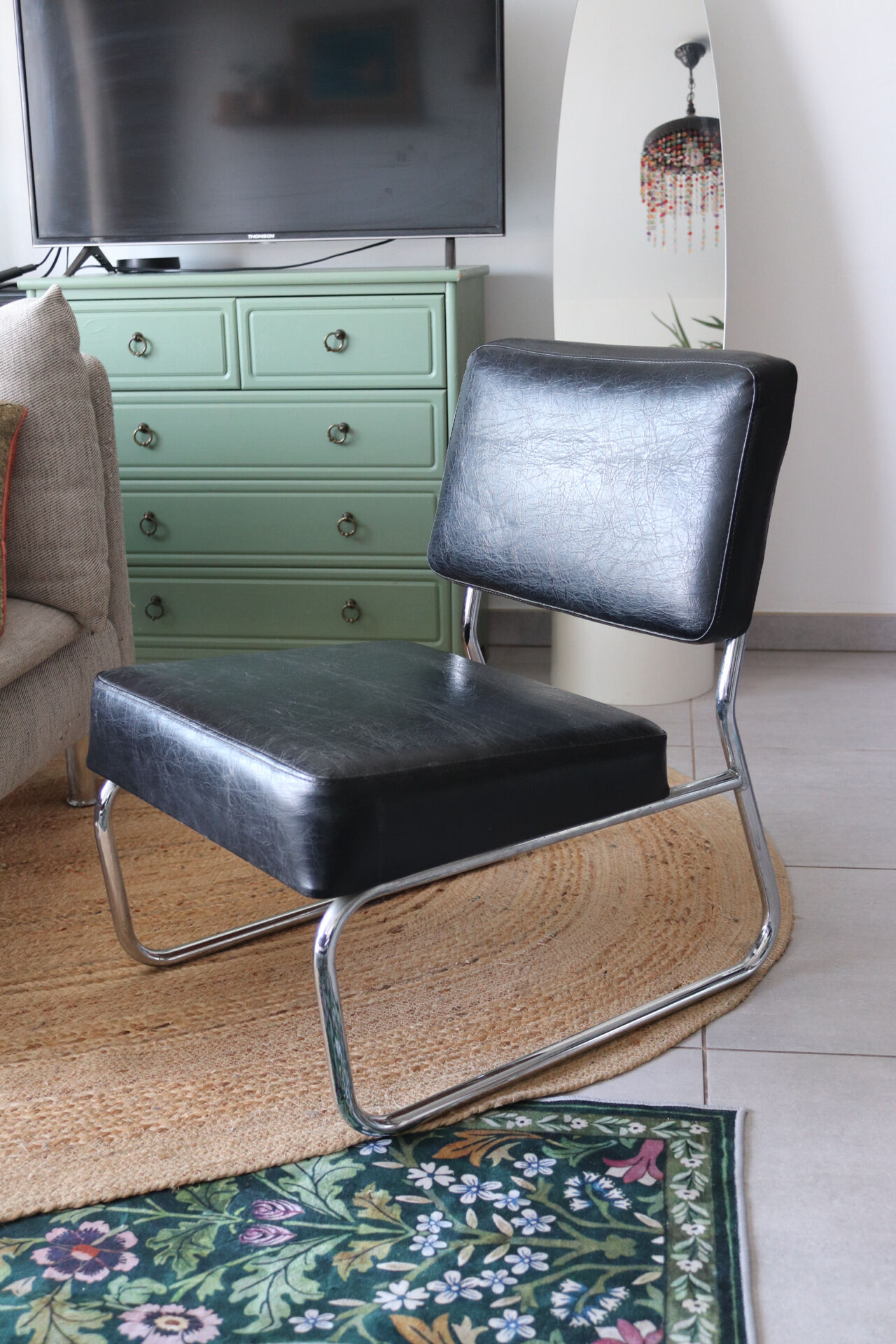 Vintage black tubular chrome armchair – 1970s