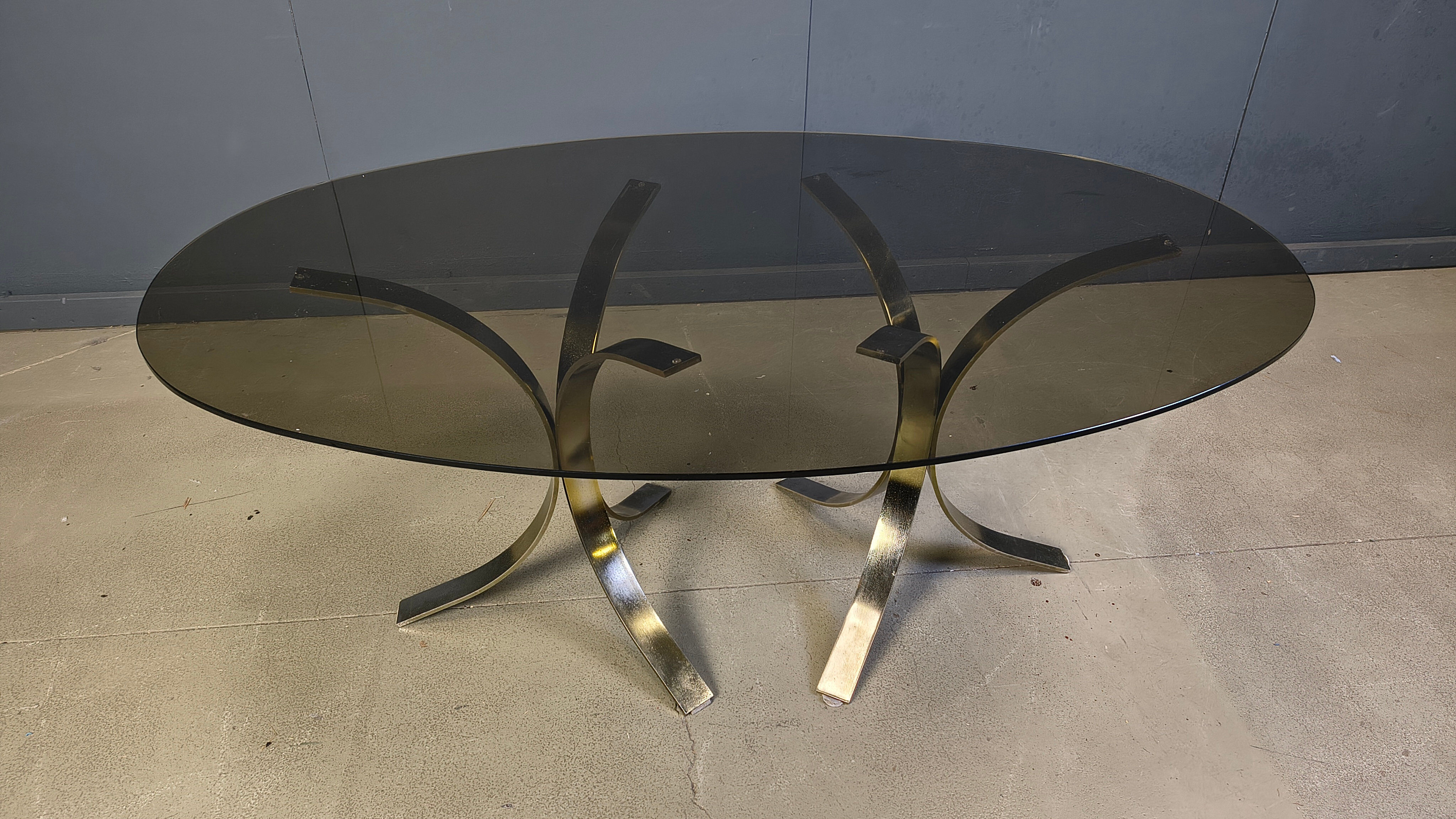 Vintage brass oval glass dining table, 1970s