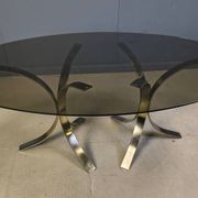 Vintage brass oval glass dining table, 1970s