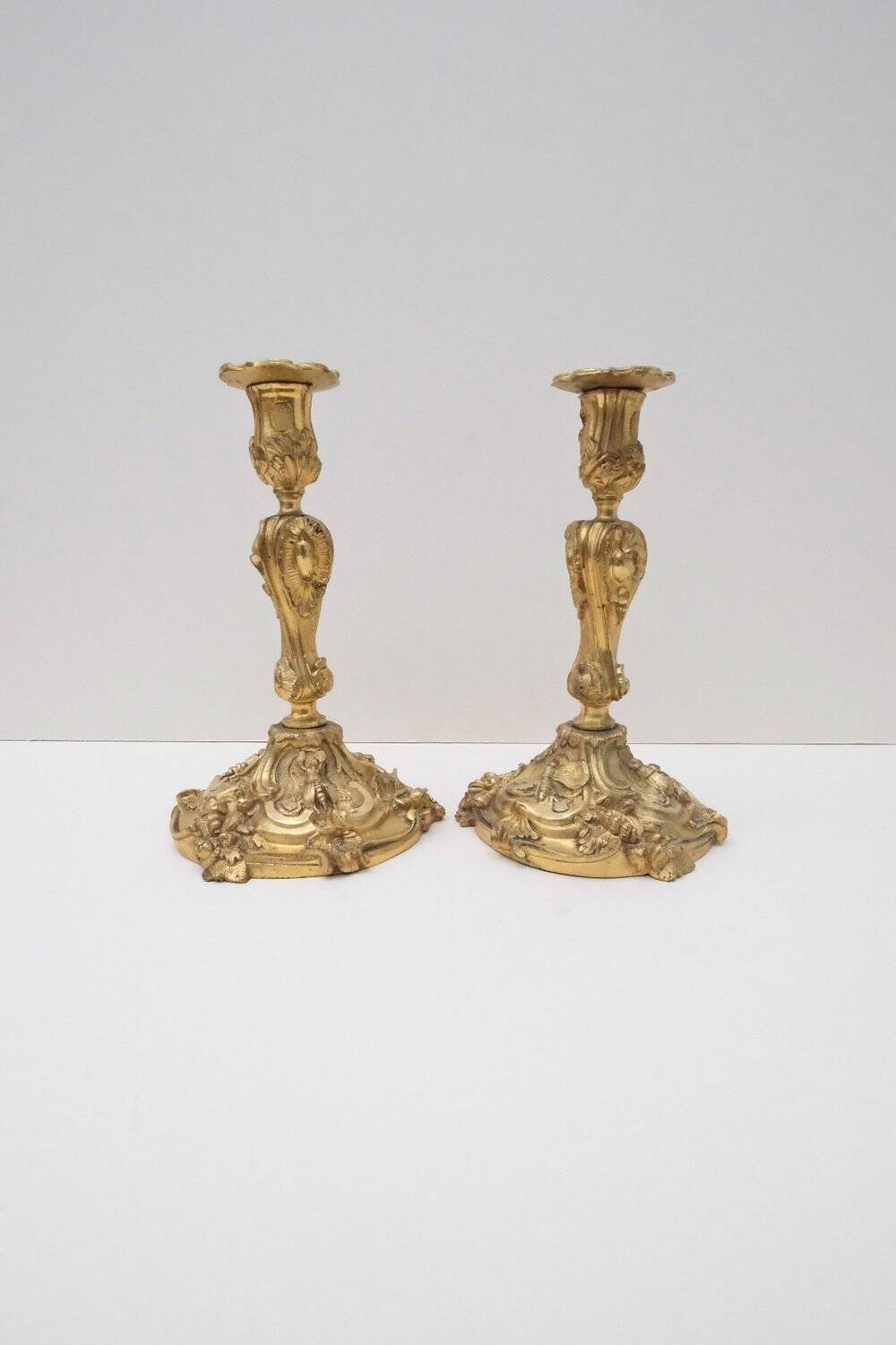 Pair of louis xv style rocaille candlesticks, slodtz model, 19th century
