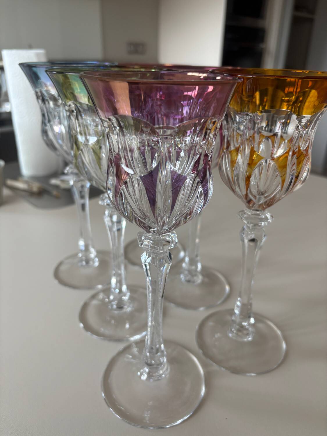 Set of 6 cut crystal liqueur glasses in colour – Bohemian style