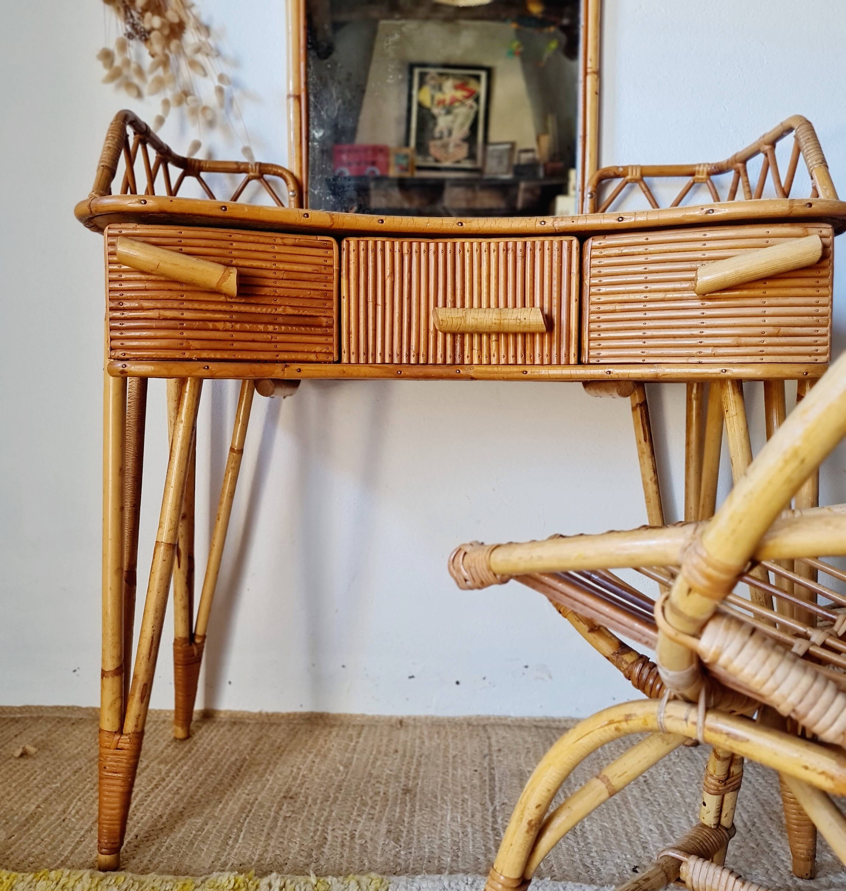 Rattan and bamboo dressing table with mirror – 1960s