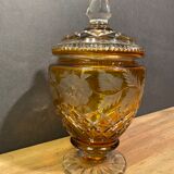 Very beautiful covered pot, crystal urn with cut and tinted decoration, bohemian twentieth