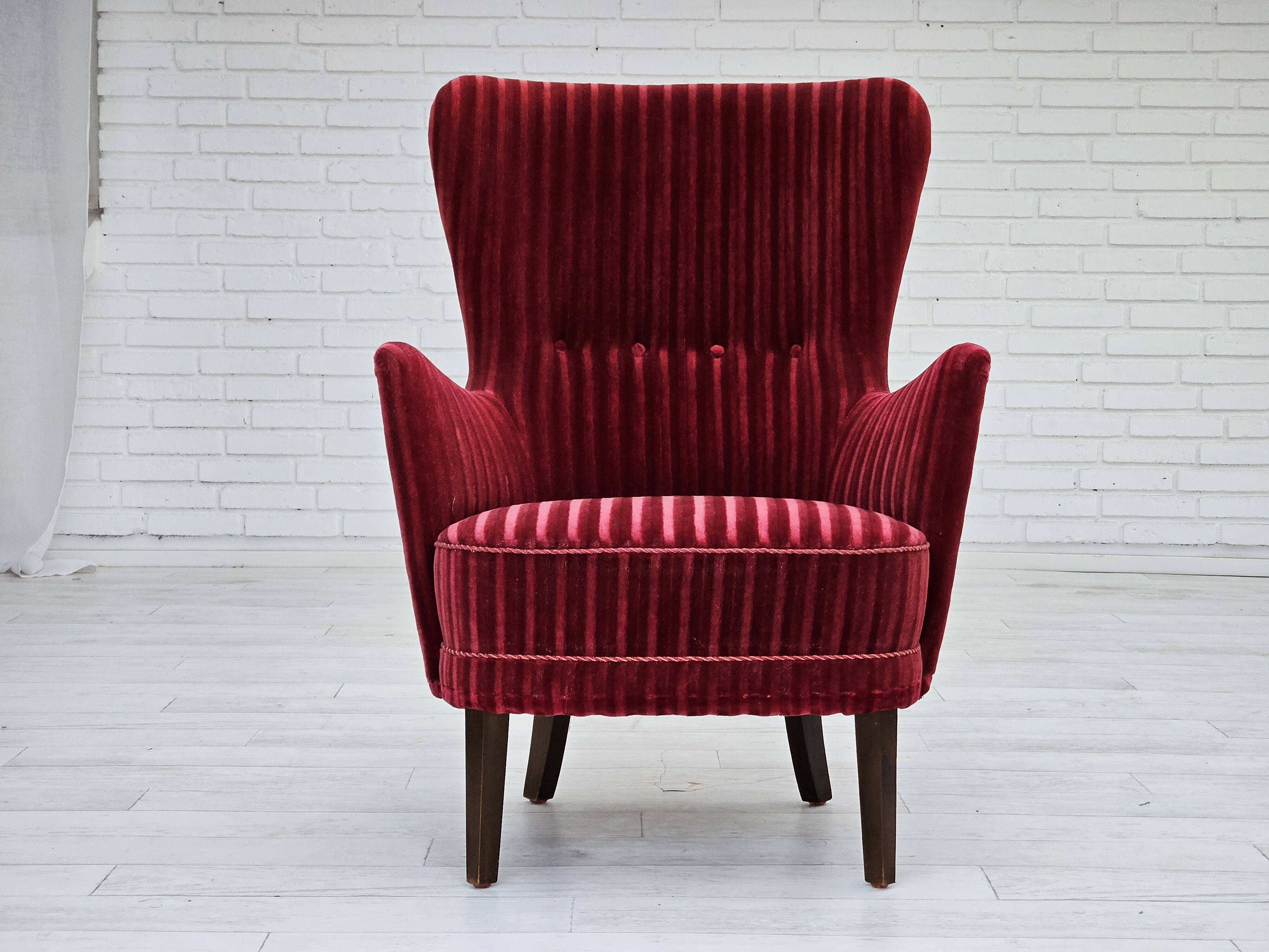 1960s, Danish armchair in cherry-red furniture velour, original condition.