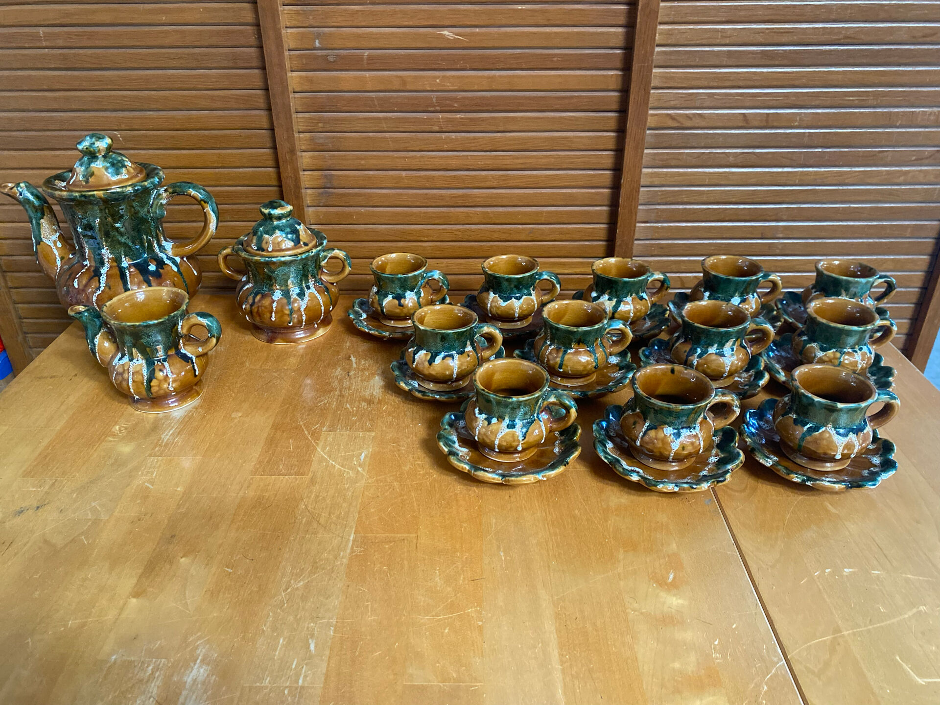 Vintage French café service set, 27 pieces, old pottery from Maine.