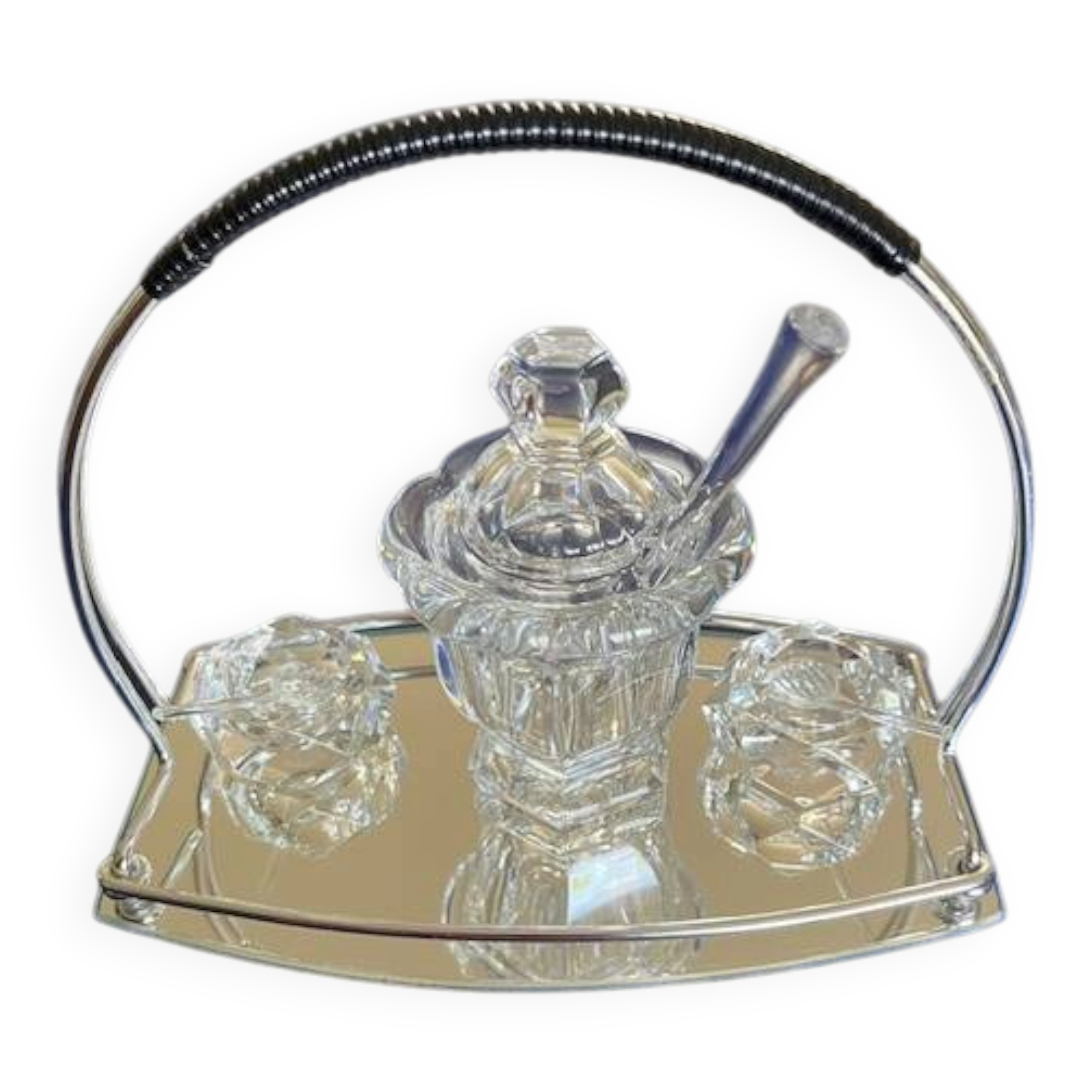 Mustard pot, salt shaker, and pepper shaker set in Baccara crystal, France.