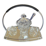 Mustard pot, salt shaker, and pepper shaker set in Baccara crystal, France.