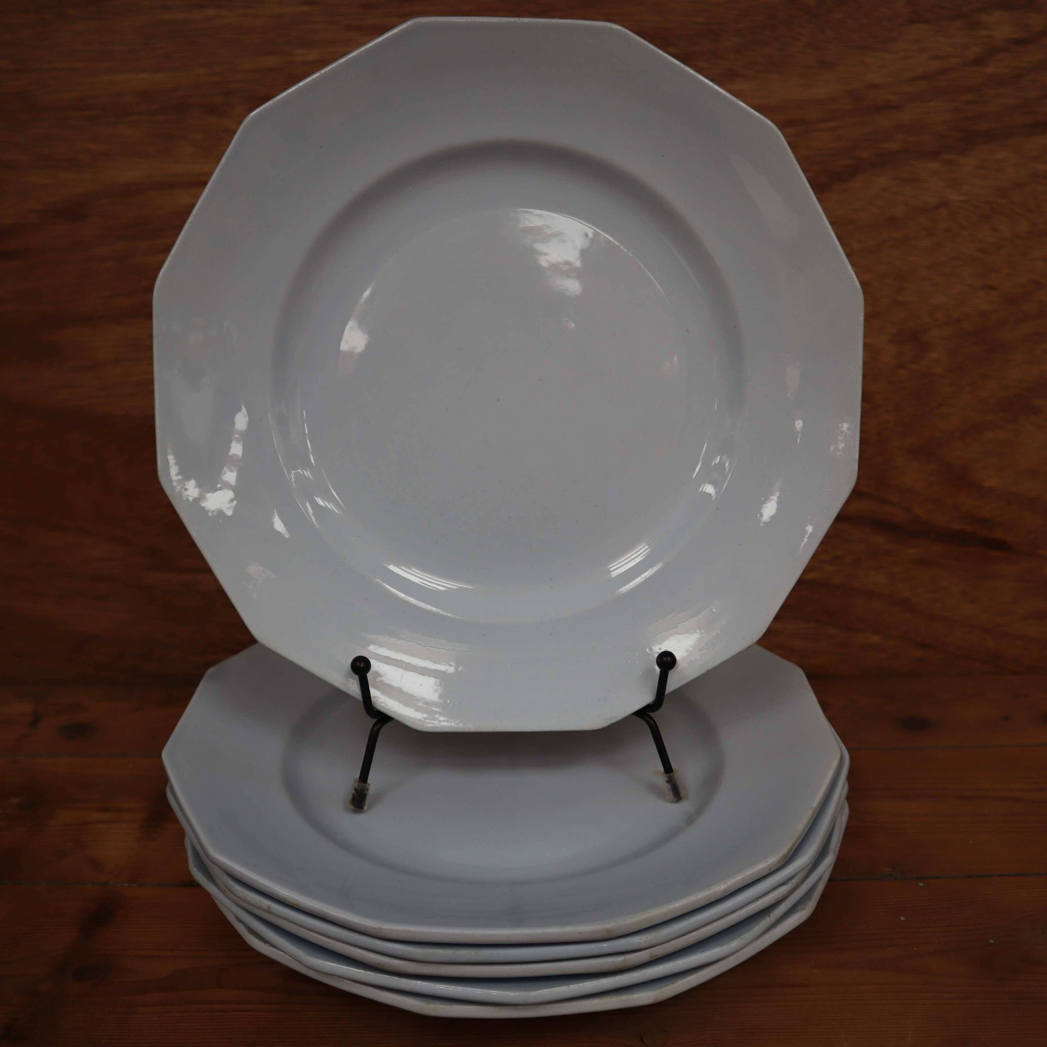 6 assiettes plates octogonales en faïence Moulin des loups couleur Bleu pâle