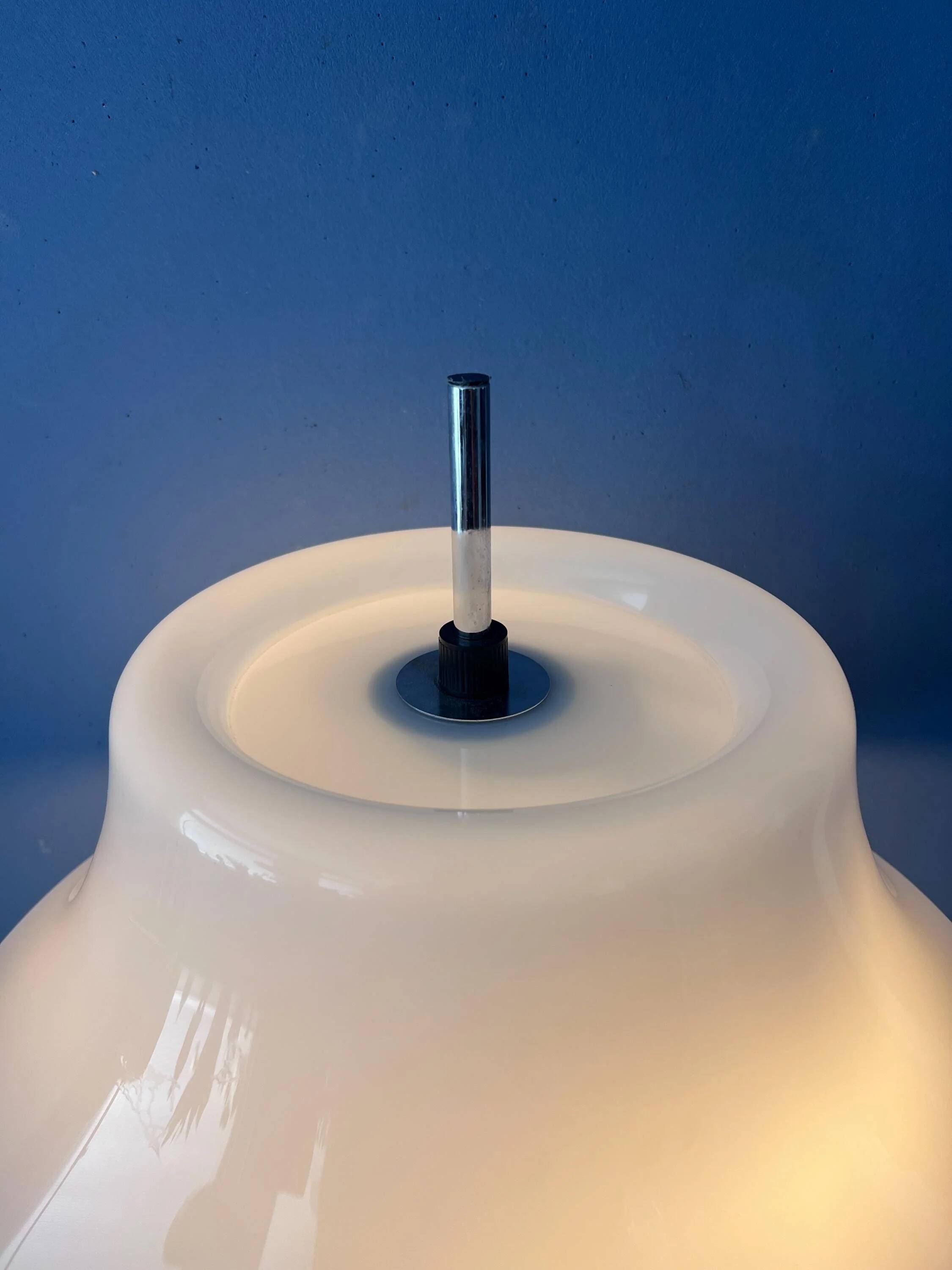 Vintage Space Age floor lamp with white plexiglass UFO shade.