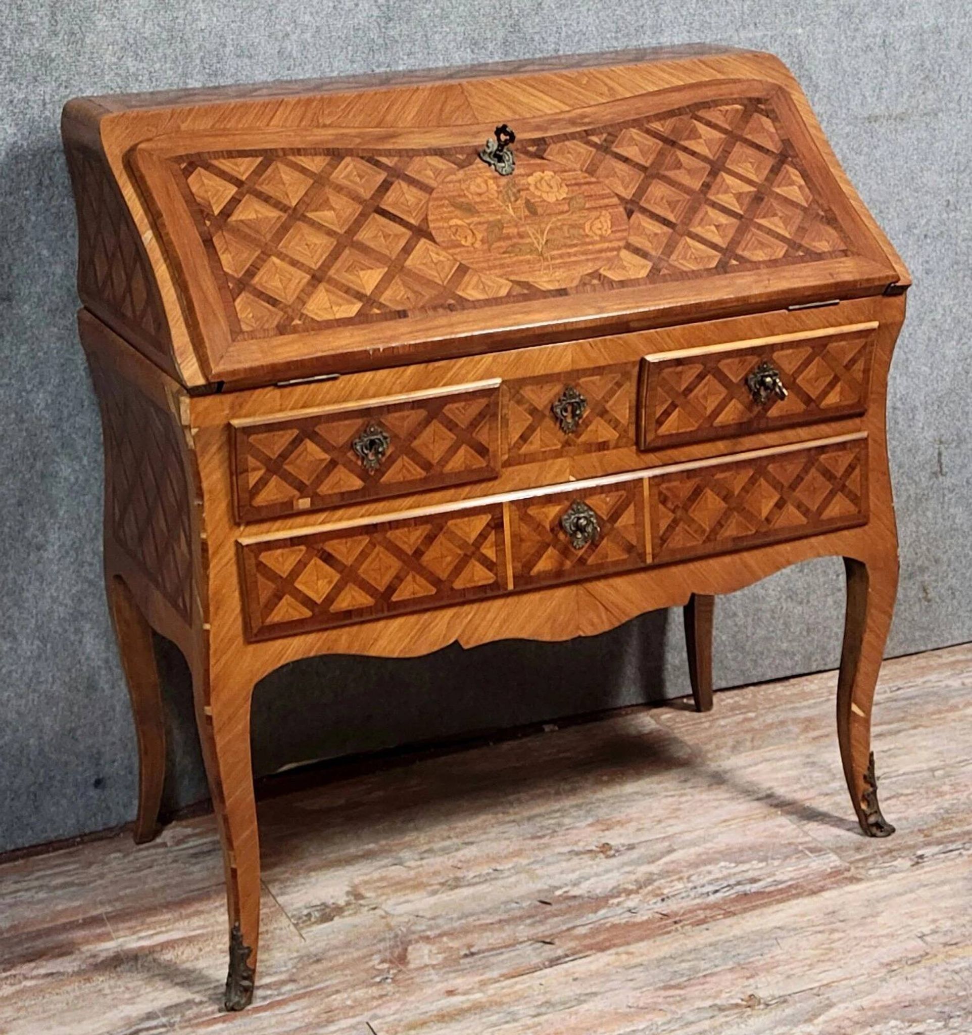 Louis XV period curved secretary desk in marquetry, circa 1750
