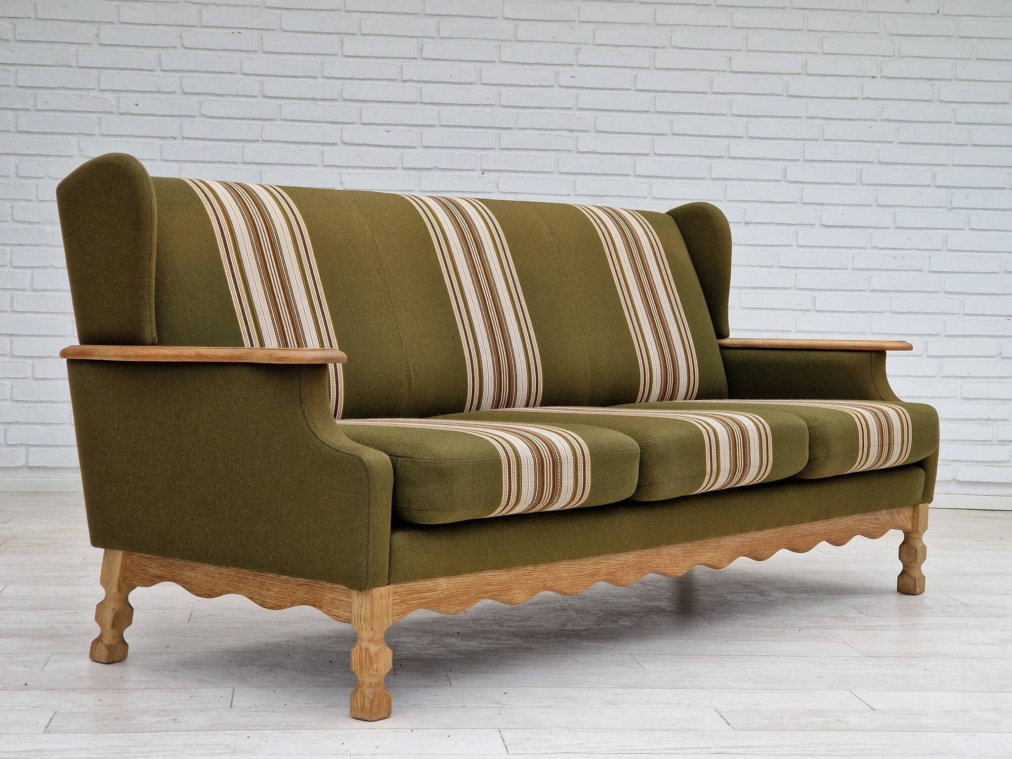 1970s, Danish vintage 3 seater, green fabric, oak wood, original condition.