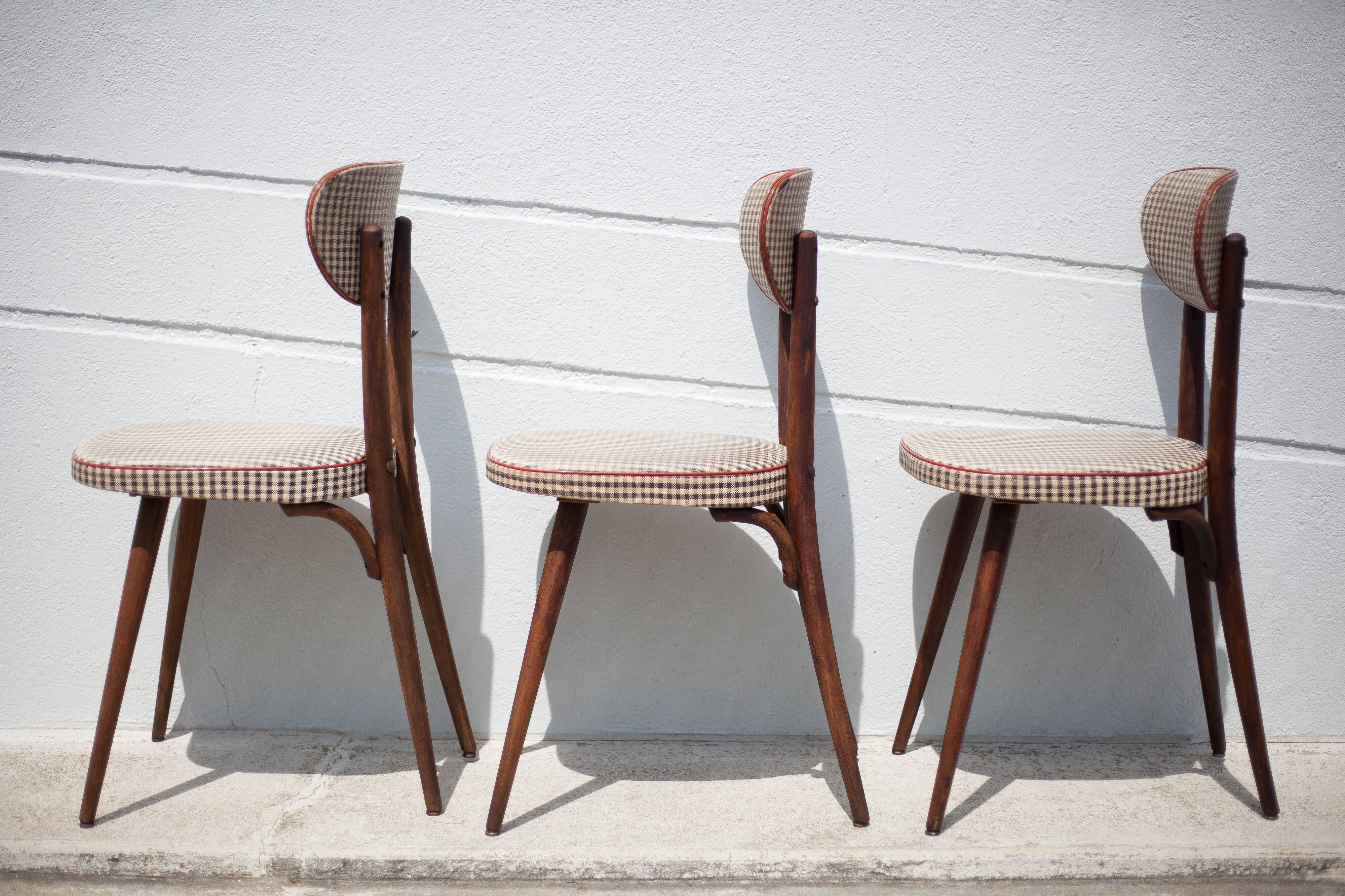 Set of 3 Baumann chairs model 732g2, bistro chair, wooden chair and vinyl fabric, kitchen, retro