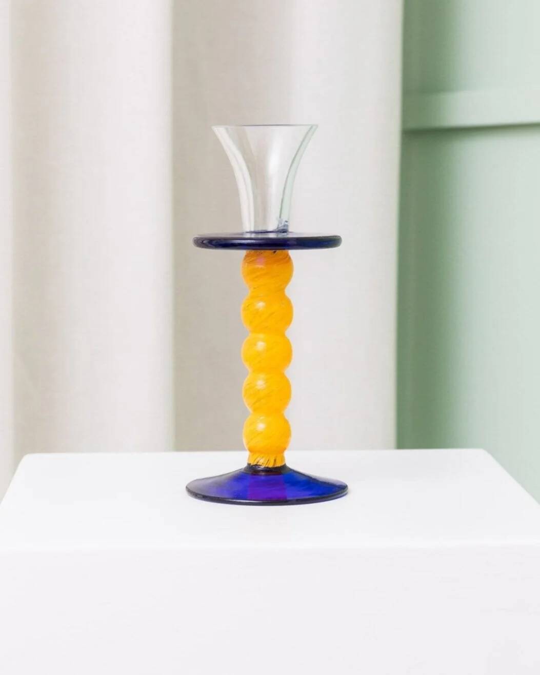 Murano Glass Candleholder - Postmodern Memphis Milano 1980s, Yellow Stem, Cobalt Base, Clear Cup
