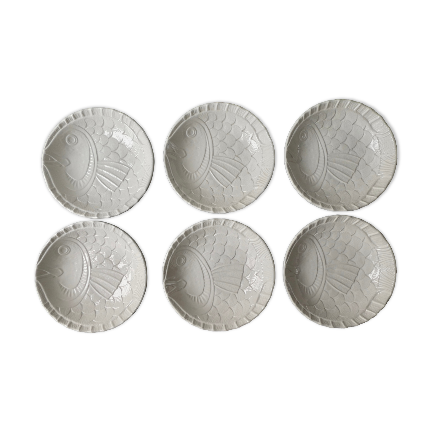 6 hollow plates in slurry, fish shape, Sarreguemines France