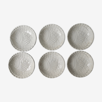 6 hollow plates in slurry, fish shape, Sarreguemines France