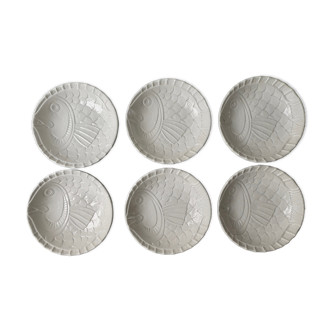 6 hollow plates in slurry, fish shape, Sarreguemines France