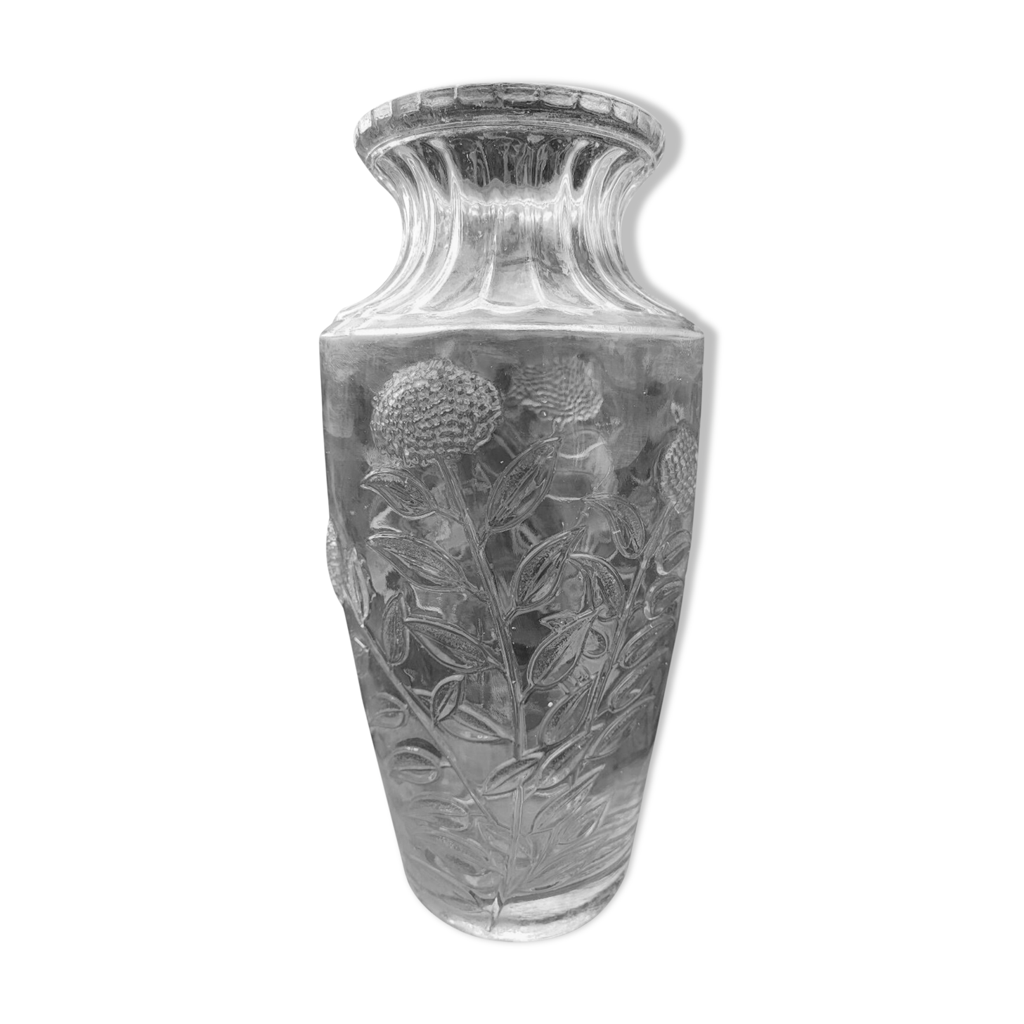 Old large molded glass vase with thistle decoration