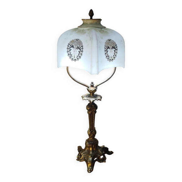 Lampe bronze de bureau fin 19eme siecle 1880 avec opaline 48x20