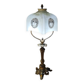 Lampe bronze de bureau fin 19eme siecle 1880 avec opaline 48x20