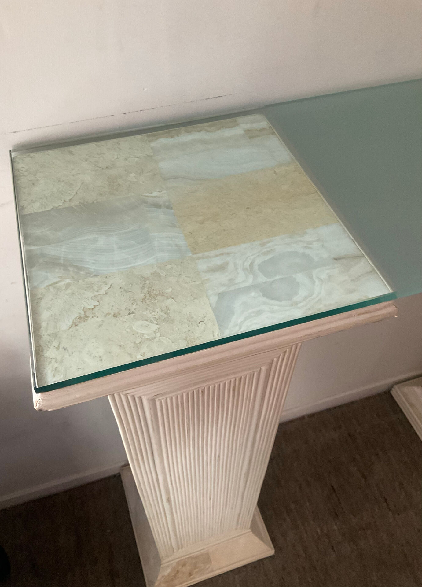 Console vintage en travertin, bois et verre
