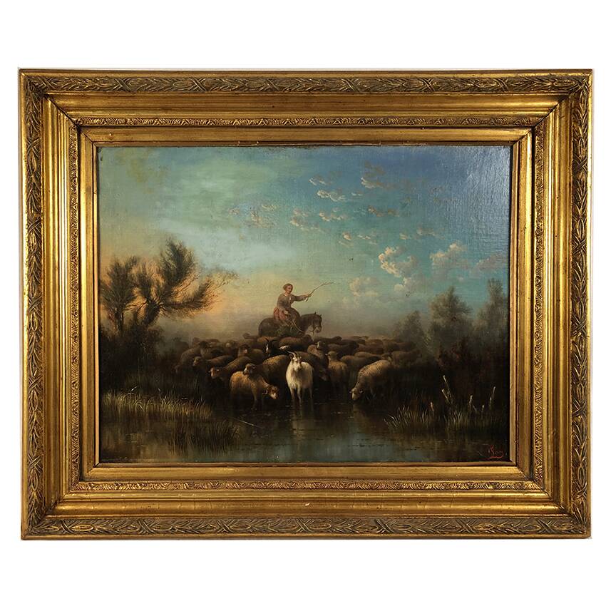 Prosper Ferey, large oil on canvas, “Shepherdess and her flock” mid-19th century