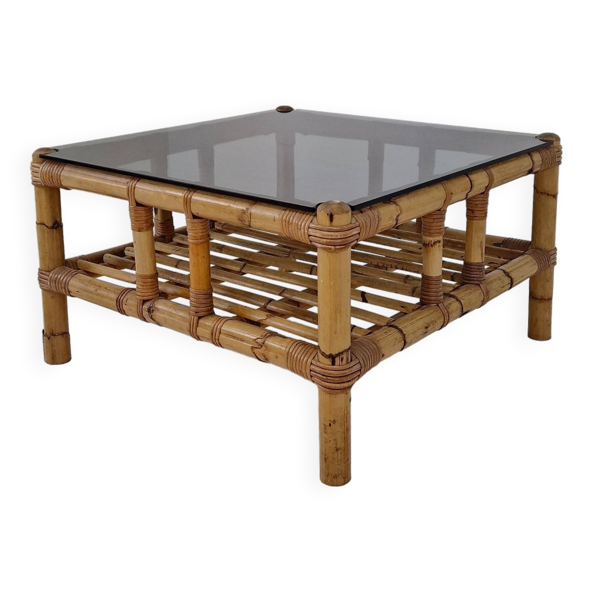 Italian bamboo coffee table with smoked glass, 1970s